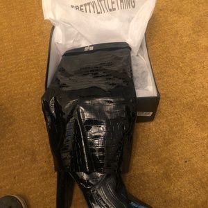 Black Patent Croc fold Over knee Black Heeled Boots